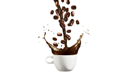 Pouring coffee into coffee cup with splashing., Isolated on white background.