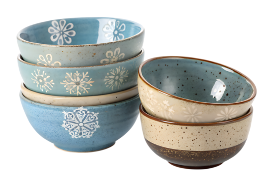 stack of blue and beige ceramic bowls with snowflake patterns - rustic kitchenware isolated on transparent background