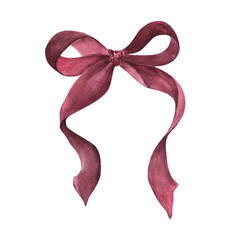 Burgundy red velvet ribbon bow tie. Hand drawn watercolor on white background for Valentines Day, Christmas, New year 