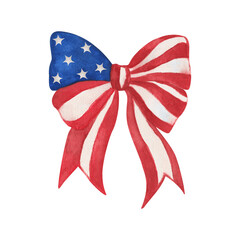 American flag red ribbon bow tie with stripes. 4th of July celebration. Hand drawn watercolor on white background © Asymme3