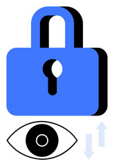 Blue padlock symbolizing security, eye representing monitoring, arrows showing data flow. Ideal for cybersecurity, personal privacy, surveillance, IT systems, encryption, data sharing simple landing