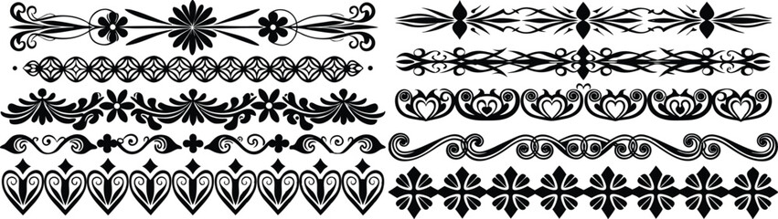 A collection of decorative red dividers and borders featuring various ornate designs. The elements include floral motifs, curved lines, hearts, and diamond