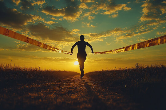 Silhouette of a runner breaking the finish line tape - Powered by Adobe