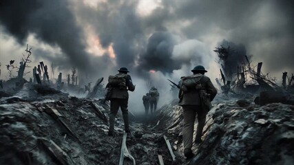 Wide field view of World War I battle, soldiers with weapons, barbed wire, trenches, smoke, intense battle