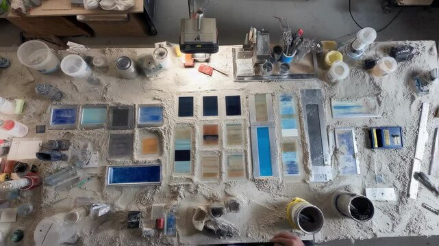 Carefully arranged aerogel panels lying on laboratory table amid scientific equipment and lunar regolith simulant, revealing advanced material testing for space exploration