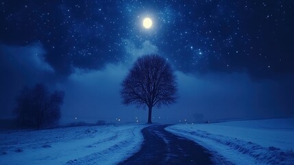 Winter night landscape, starry sky, lonely road