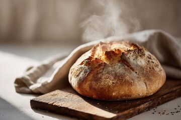 Close-up photo of freshly baked 100% vegan bread, golden crust, steam rising, rough cracked surface showing crunchy texture.
