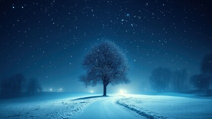 Winter night landscape with a lone tree and a path through snow