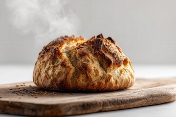 Close-up photo of freshly baked 100% vegan bread, golden crust, steam rising, rough cracked surface showing crunchy texture.