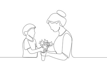 Continuous single-line art drawing of son giving flowers to his mom. Vector illustrations