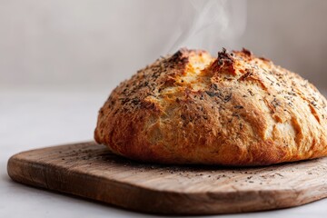 Close-up photo of freshly baked 100% vegan bread, golden crust, steam rising, rough cracked surface showing crunchy texture.