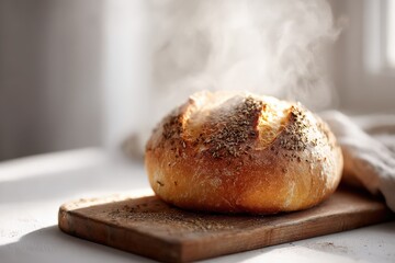 Close-up photo of freshly baked 100% vegan bread, golden crust, steam rising, rough cracked surface showing crunchy texture.
