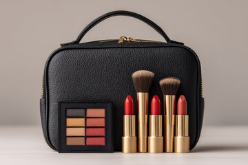 Beauty parlour makeup set, featuring a black leather carrying case with a top handle and gold zippers.