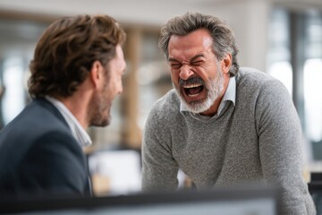 Boss shouting at frustrated worker, bullying and emotional abuse at work. Stressful work environment.