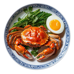 Freshly Cooked Crab Platter with Green Garnish and Soft Boiled Egg on Decorative Blue Plate transparent background, png