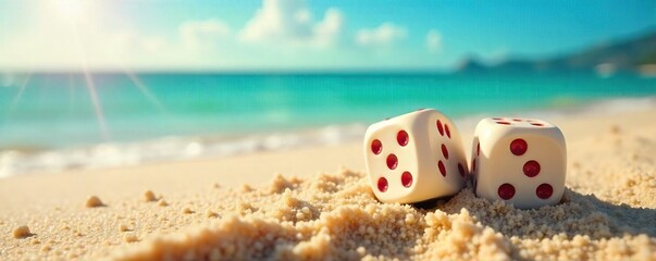 A pair of dice with a summery design rests on a sun-drenched beach, ready for a game of chance in the warm sand Perfect for travel, summer fun, and games of chance imagery , colorful, coastal, waves