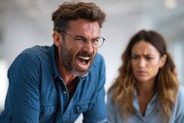 Boss shouting at frustrated worker, bullying and emotional abuse at work. Stressful work environment.