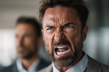 Boss shouting at frustrated worker, bullying and emotional abuse at work. Stressful work environment.