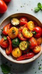 Vibrant roasted paprika vegetables, including bell peppers, onions, and zucchini, tossed with herbs Perfect for salads, side dishes, or as a flavorful topping , orange peppers, garlic, salad topping