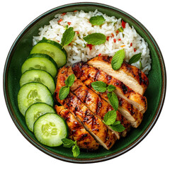 Delicious grilled chicken slices arranged beautifully with white rice and fresh cucumber slices in a green bowl transparent background, png