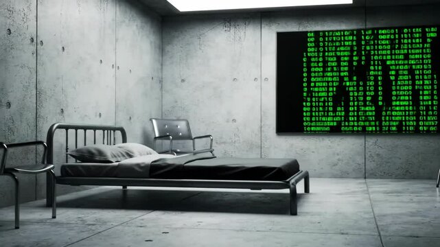 Empty stark room with bed and screen showing green digital code.