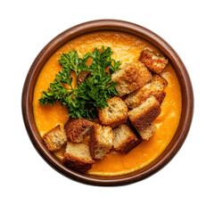 Fototapeta premium Creamy Pumpkin Soup with Crispy Croutons and Fresh Herb Garnish in Rustic Bowl Presentation
