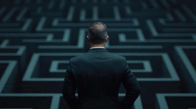 Confident founder facing glowing maze, metaphor for startup challenges and strategy