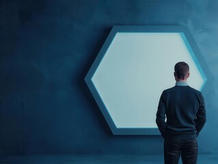 Fototapeta premium Startup founder standing inside glowing hexagons, network and connectivity concept