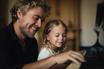 Happy man, pianist teacher giving piano lesson to a little school girl, playing music together.