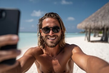 Male influencer taking a selfie on a tropical beach, enjoying vacation, social media content creation.
