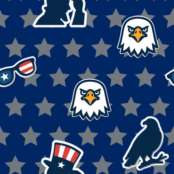Seamless 4th of July pattern with wavy red and light gray stripes overlaid by sticker-style patriotic icons&mdash;bald eagle, Uncle Sam top hat, firework rocket, pie slice, and summer popsicle.


