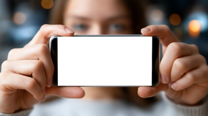 Frau hält Smartphone mit Textfreiraum horizontal vor unscharfem Hintergrund