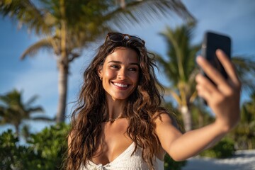 Female influencer taking a selfie on a tropical beach, enjoying vacation, social media content creation.
