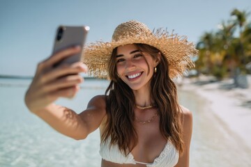 Female influencer taking a selfie on a tropical beach, enjoying vacation, social media content creation.