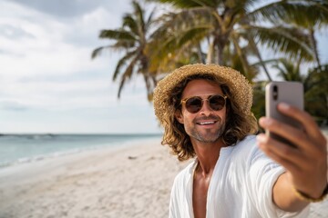 Male influencer taking a selfie on a tropical beach, enjoying vacation, social media content creation.