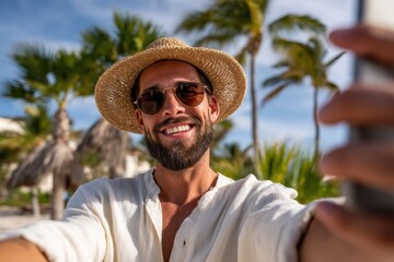Male influencer taking a selfie on a tropical beach, enjoying vacation, social media content creation.