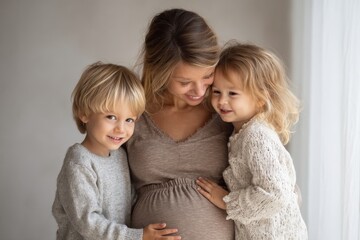 Lovely children touching mother pregnant belly. Happy little siblings feeling baby at mother tummy.