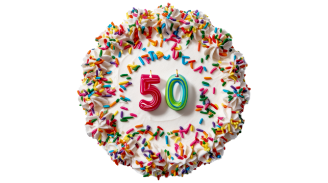 Celebratory 50th birthday cake with colorful sprinkles on a transparent background top view festive atmosphere - Powered by Adobe