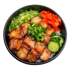 Fototapeta premium Delicious grilled chicken teriyaki bowl with fresh vegetables and rice in a black bowl on a white background