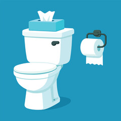 Clean and modern flush toilet with tissue box on top and roll of toilet paper beside it, set against bright blue background