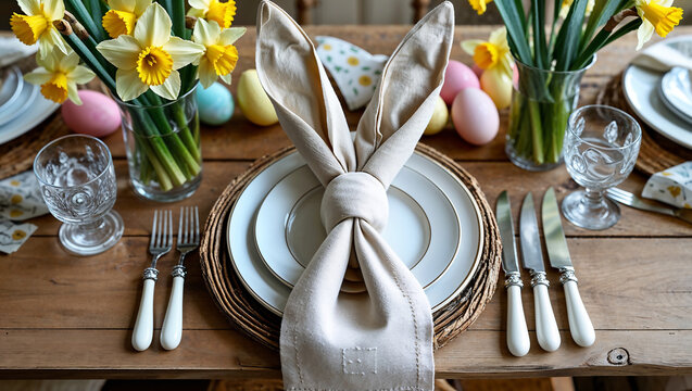 Easter table setting with bunny ear napkin, daffodils and pastel eggs on rustic wooden table - Powered by Adobe