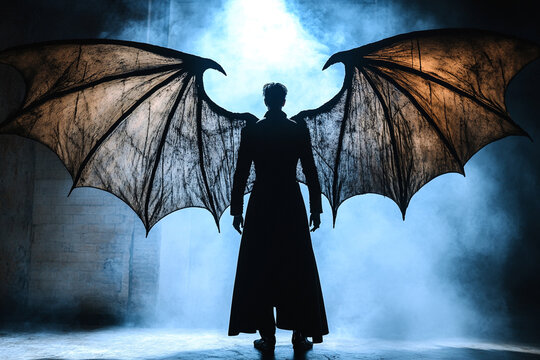 Silhouette of a vampire with large bat wings spread wide