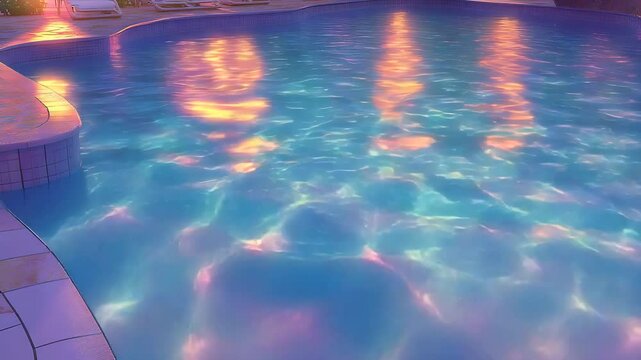 Serene poolside scene with comfortable chair and breathtaking sunset in the background for relaxation