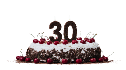 Delicious 30th birthday cake with cherries transparent background food photography celebratory environment
