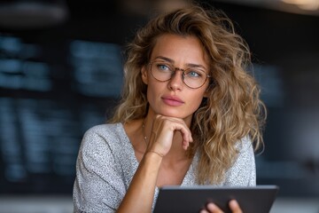 Software, coding and business woman on tablet thinking of data analytics, digital technology.