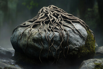 Stylized lines of roots tangled around smooth stone