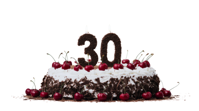 Delicious 30th birthday cake with cherries transparent background food photography celebratory environment