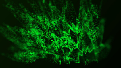 Wavy green texture with explosion effect. Abstract noise technology background with dots and lines. Big data visualization. 3D rendering.
