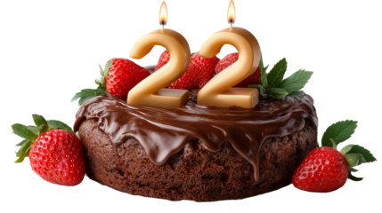 Celebratory cake with 22 candles and strawberries transparent background festive atmosphere close-up view