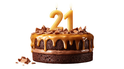 Delicious 21st birthday cake with chocolate drizzle transparent background sweet treats celebratory environment festive viewpoint